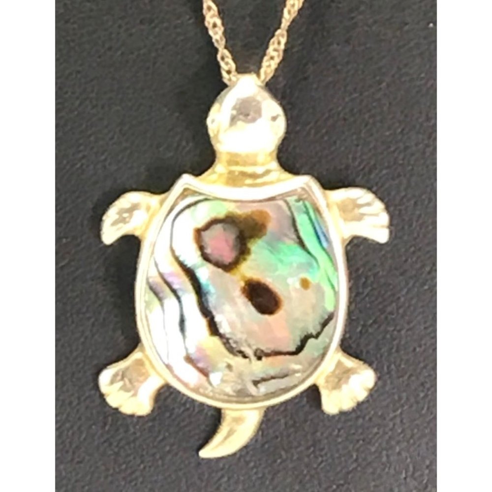 Abalone and Silver Tone Metal Turtle Tortoise Pendant Necklace - Picture 2 of 4